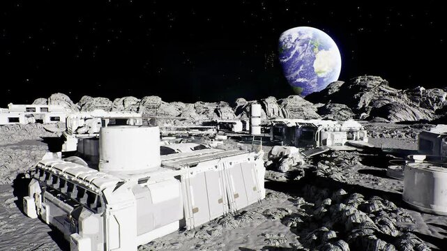 lunar panorama viewpoint with Earthrise panorama, observation terraces and signage, quiet reflective mood, panoramic modules arranged for scenic overlooks