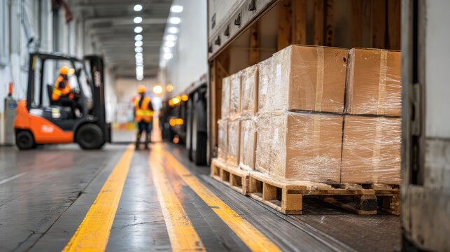 Boxes on pallets being loaded onto truck by forklift at warehouse