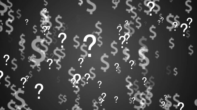 Dark abstract background with floating dollar signs and question marks, showing money uncertainty confusion and financial doubt animation
