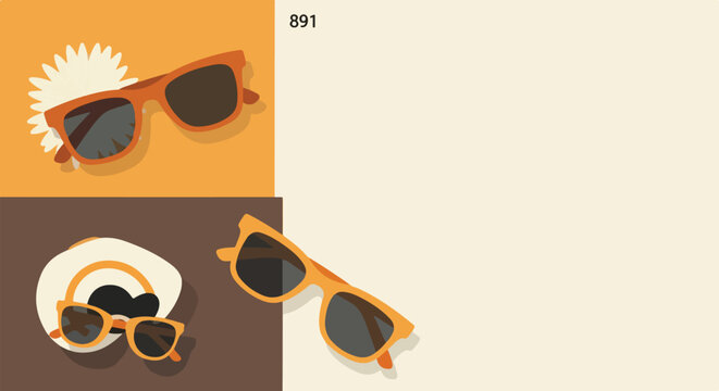 This flat lay vector illustration features three pairs of orange sunglasses and two white sun hats arranged on a geometric tricolor background.
