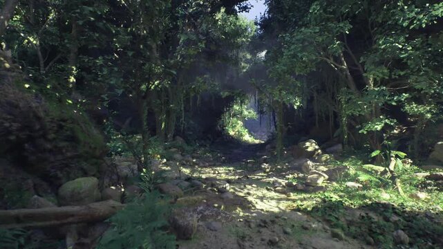 circular forest portal with bright rim of light and deep shaded interior, rocky foreground and lush plants frame scene, cinematic and mysterious tone ideal