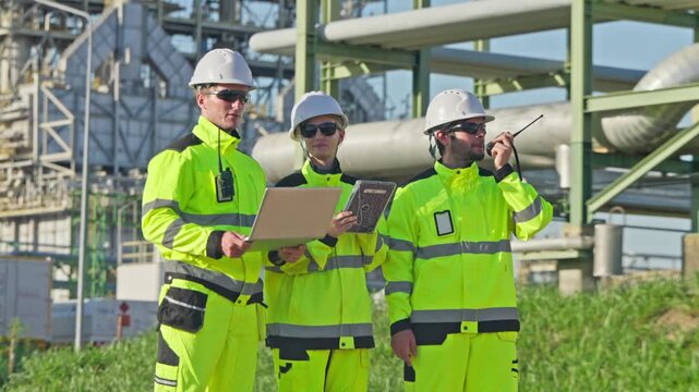 Team of engineers in safety gear collaborating at industrial site with equipment and machinery in background