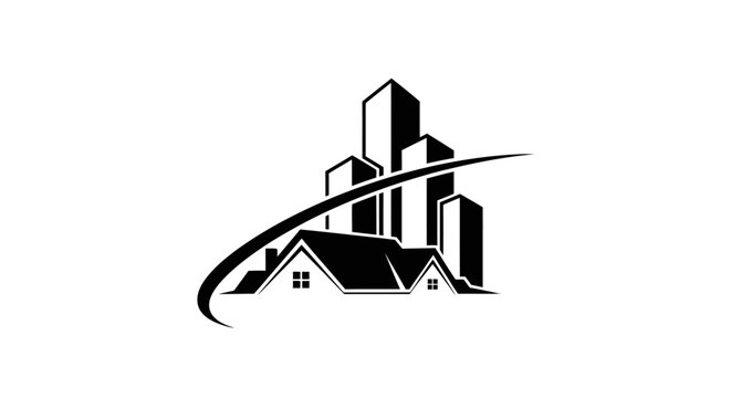Black and white cityscape logo design.