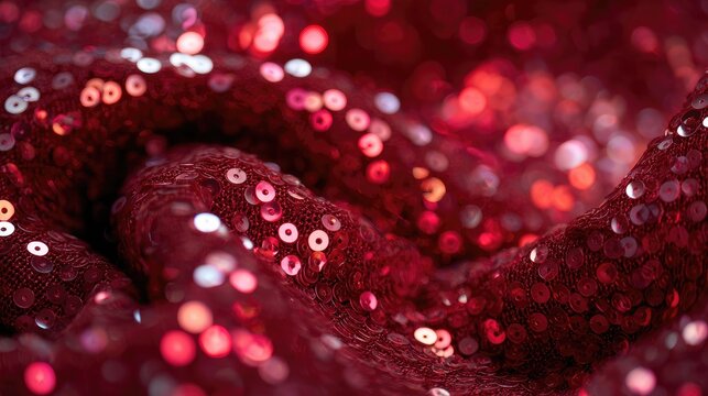 Draped red fabric, sparkling with numerous circular sequins and soft bokeh lights