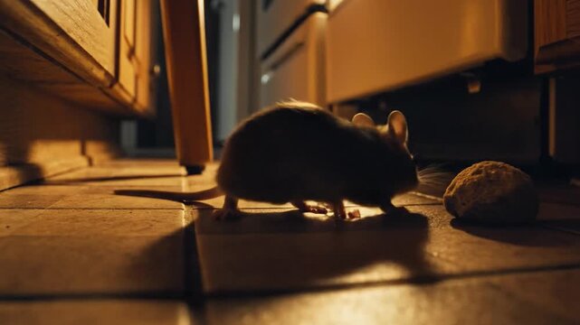 Small Brown Mouse Scurrying Across a Tiled Floor with Warm Lighting
