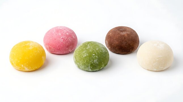 Assorted japanese mochi sweets in pastel colors on white background