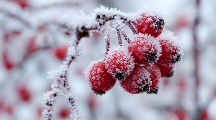 Fototapeta premium Bright red berries dusted with snowflake-shaped frost crystals clinging to a slender winter branch, with more frosted berries softly blurred in the background for holiday or cold-season themes.