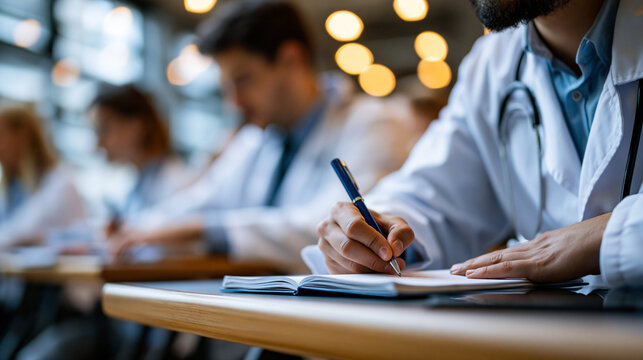 Faceless group of medical students in white coats writing notes at desks in a softly lit lecture hall gentle window light distant composition medical education exam study