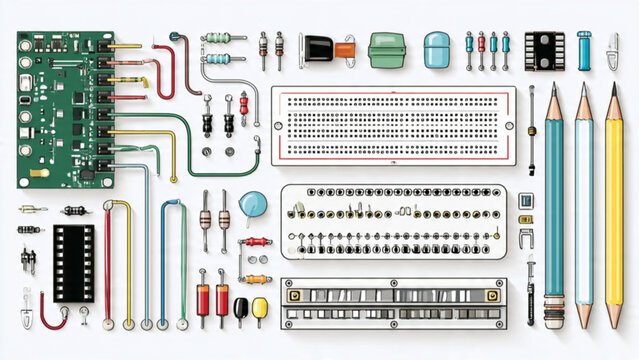 assorted electronic components and circuit parts arranged on white background for technology projects