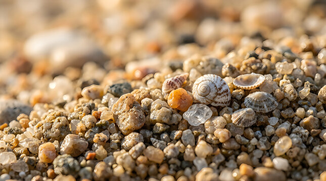 Macro shot of small seashells and pebbles on a sandy beach.