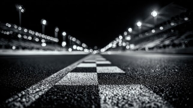 Dark, checkered finish line on asphalt track under stadium lights at night