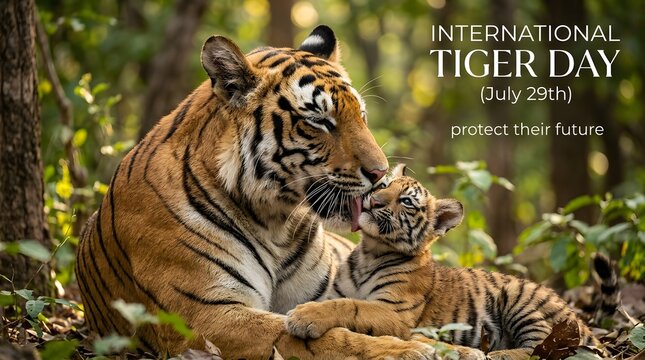 Tiger mother with cub in wild forest for international tiger day, predator