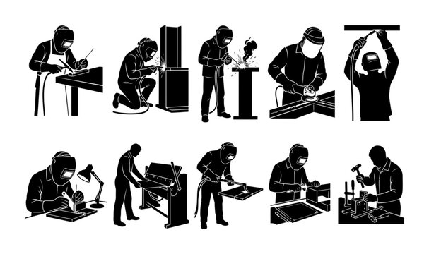 Welder Silhouette Collection Vector Set Featuring Ten Professional Manual Metal Workers Operating Industrial Welding Equipment And Workshop Tools