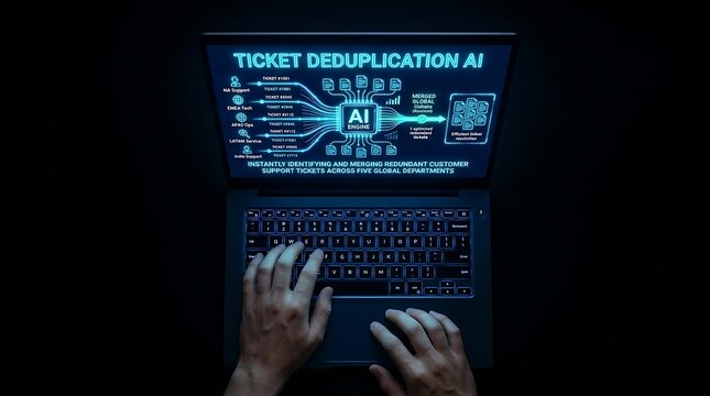 Professional using AI software for automated ticket deduplication on laptop screen.