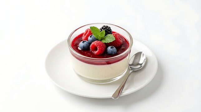 Elegant panna cotta dessert with berry compote and fresh fruit garnish