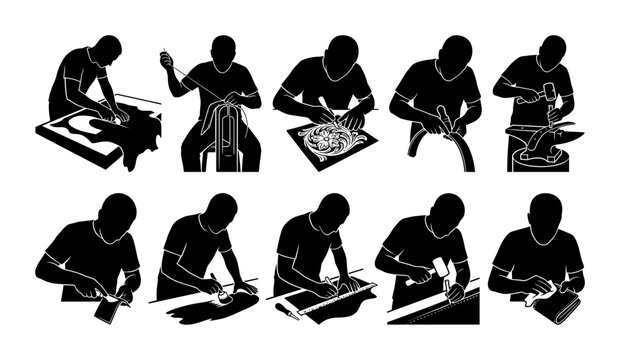 Leather Crafting Silhouette Icon Set Featuring Artisans Working With Tools Creating Handmade Goods And Leather Products In A Detailed Workshop