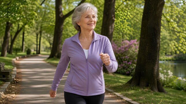 A smiling senior woman with silver hair power-walks briskly along a tree-lined park path wearing a purple zip-up jacket, with spring blossoms and green foliage in the background.