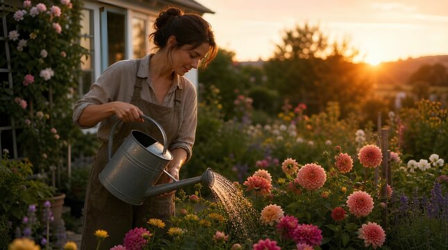 A young woman in a linen apron smiles as she waters blooming pink and peach dahlias with a silver metal watering can in a lush home garden at golden sunset, perfect for gardening lifestyle content.