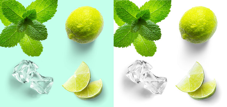 Art Summer cocktail ingredients with lime mint and ice cube isolated on transparent background PNG design element