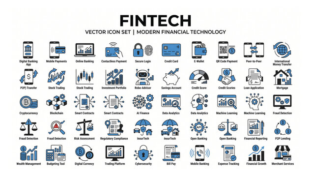 Modern financial technology fintech vector icon set for banking digital payments blockchain analysis and secure trading solutions with technology business illustration blockchain security