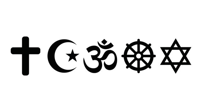 Religious symbols including cross, crescent, om, dharma wheel, and star on white