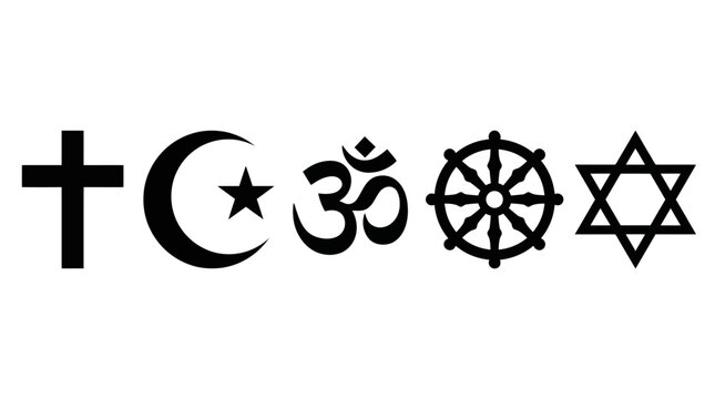 Religious symbols including cross, crescent star, om, dharma wheel, and star of david