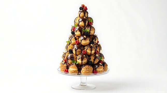 Croquembouche tower with chocolate and berries on glass cake stand