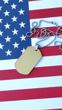 A dog tag on the US flag, serving as a conceptual backdrop representing defense and preparation against attack. A dog tag on the US flag as a background for your design