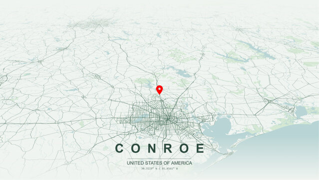 Modern minimalist vector map of Conroe, Texas, USA. High-quality scalable illustration of Conroe Montgomery County downtown historic square city grid, Lake Conroe front layout for posters design.
