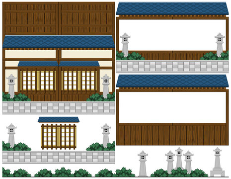 和風なお店の外観シームレス背景・フレーム素材セット（Japanese Traditional Shop Facade Seamless Frame Set）