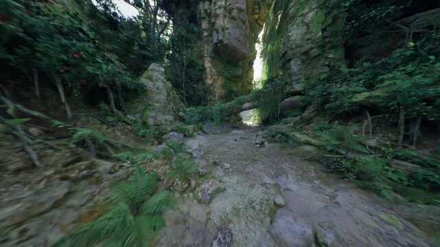 Enigmatic canyon illuminated. Shadowed ravine with luminous shaft. Dark gorge illuminated by slender beam. Hidden valley with radiant light piercing crevices