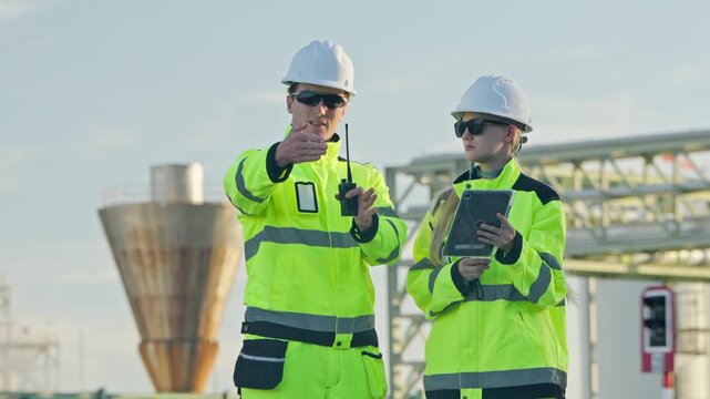 Two construction workers wearing high visibility gear discussing safety measures on a job site with essential equipment