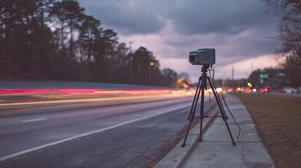 Naklejka premium Speed detection device captures blurred car lights on roadside at dusk