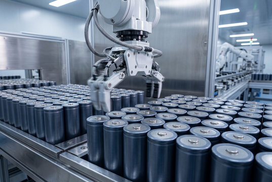 Robotic gripper handling cylindrical lithium battery cells on automated production line