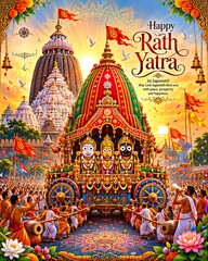 Fototapeta premium Traditional Hindu Jagannath Rath Yatra Celebration with Ornate Wooden Chariots, Colorful Flags, and Festival Crowd Vector