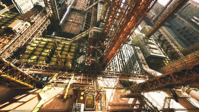 golden foundry perspective with warm light spilling across scaffolds and pipes, high contrast highlights and long shadows, cinematic industrial mood