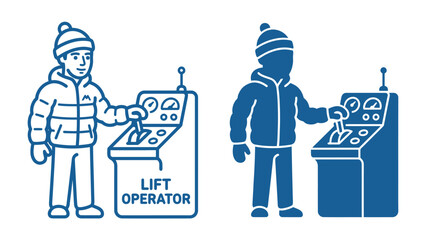 Ski Lift Operator at Work: A person in winter attire operates a control panel for a ski lift, shown in both line art and silhouette styles, indicating readiness and professional service. © Mohammad