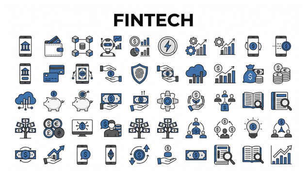 Financial technology and fintech concept icon pack for digital investment and banking with technology business illustration security cryptocurrency blockchain investment transaction