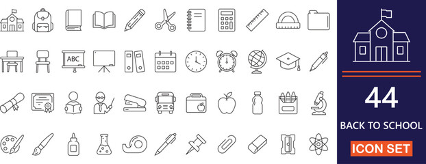 Back to school line icon set for school supplies, academic, classroom, study, student, schedule, website, and learning interface. © suraiya