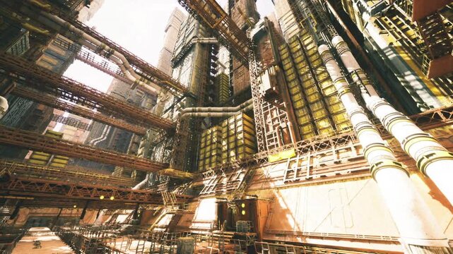expansive plant courtyard with layered walkways and vertical shafts, warm sunlight washes across metal facades, airy yet mechanical atmosphere with detailed