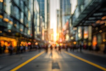 Obraz premium Blurred city street at sunset with people walking