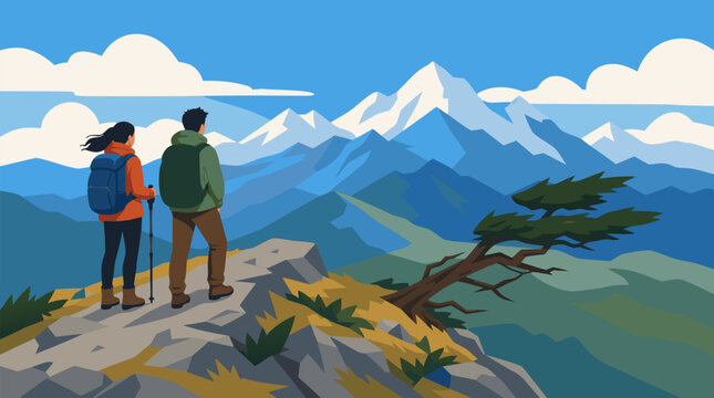 Clean flat vector illustration on a light background showing two backpackers on a rocky overlook facing snowy mountains, perfect for travel and adventure promotions.