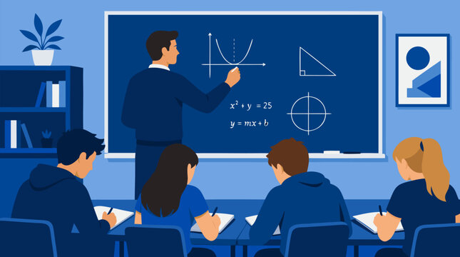 A clean flat vector illustration on a light background shows a teacher explaining math graphs to students, ideal for school tutoring or education program promotion.