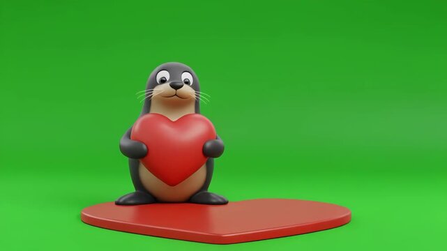 Adorable penguin holding large heart on red platform with green screen background cinematic motion