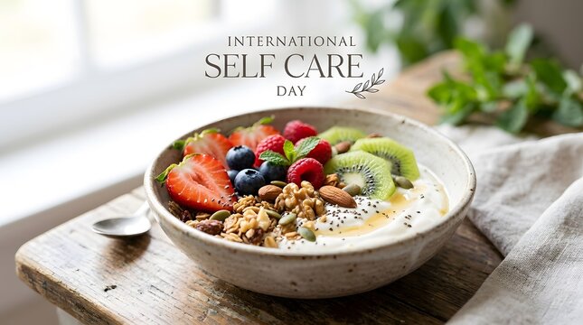 Healthy breakfast bowl with fresh fruits granola and yogurt for self-care