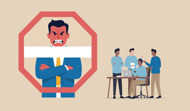 Toxic boss, bad environment in workplace, unfairness, micromanage or mislead manager concept, angry manager captured cover with prohibit toxic sign and team peacefully discussing work outside