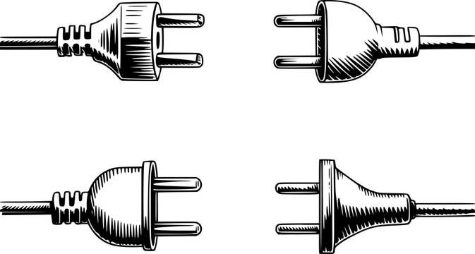 A collection of four hand-drawn black and white electrical power plugs isolated on a clean white background
