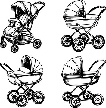A collection of four different vintage and modern baby strollers and prams illustrated in black and white ink style
