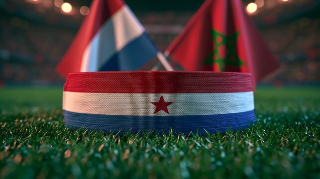 Textured wristband with Netherlands flag and a red star emblem, on vibrant green stadium grass, with blurred Netherlands and Morocco flags, symbolizing football competition.