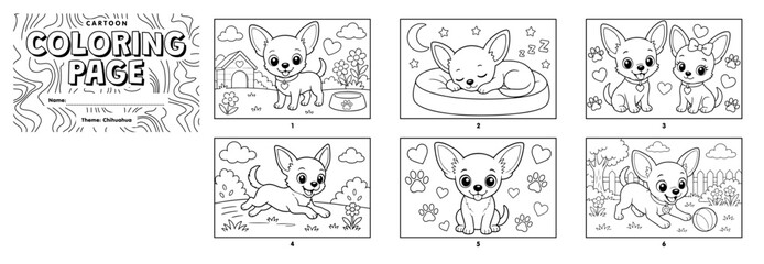 Chihuahua coloring page collection featuring cute puppy dogs in various playful scenes for creative children activities © Hokyubi